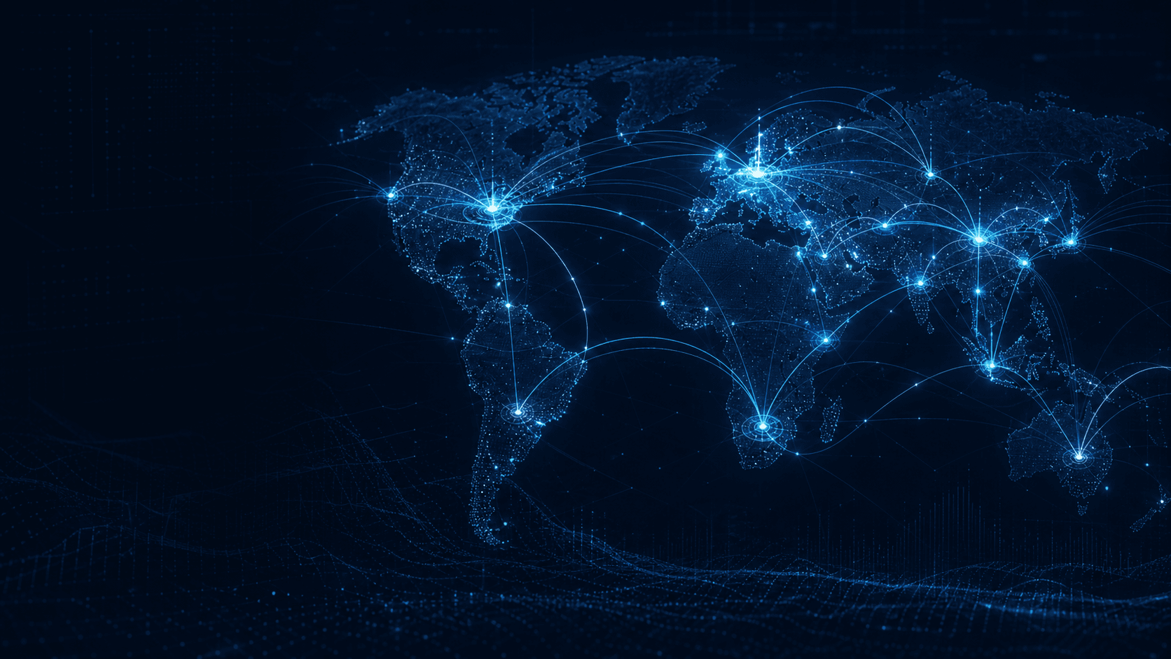 A global network map with connected routes across continents
